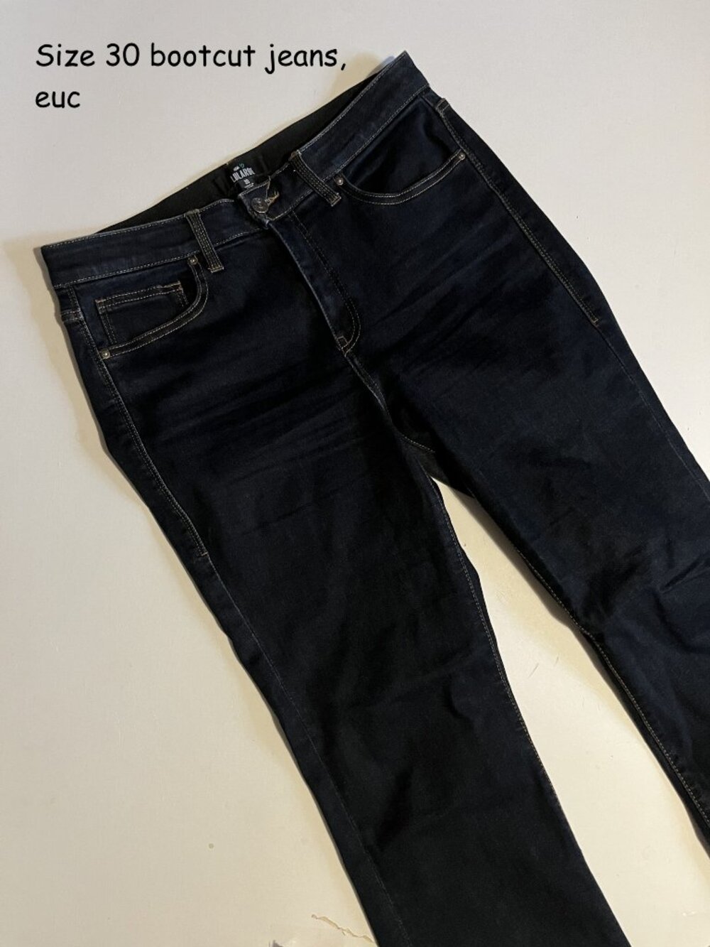 Size 30 Lularoe bootcut jeans, dark blue, orange threads (227)